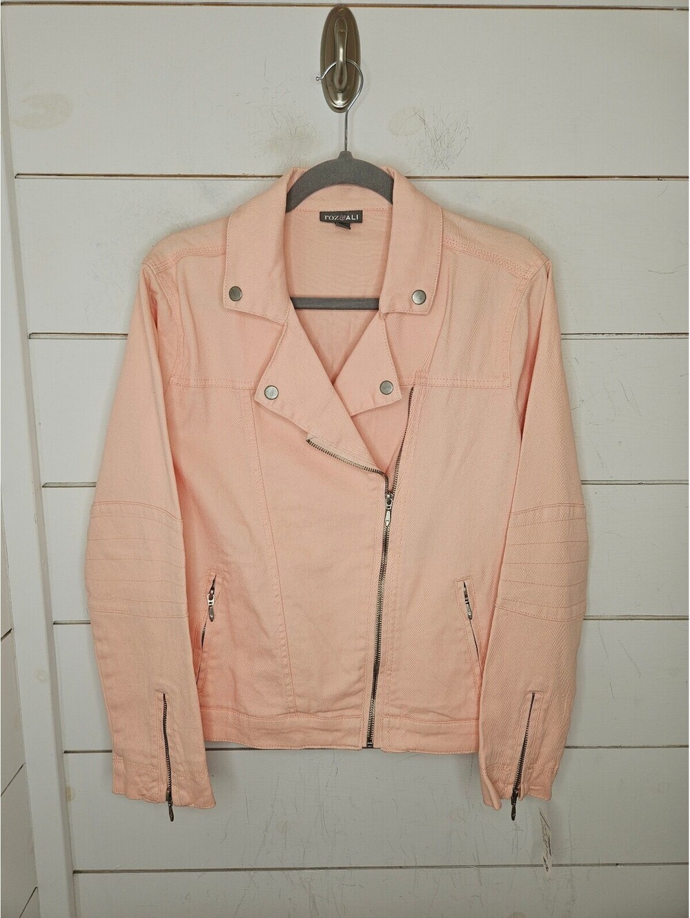 NWT Roz & Ali large pinkish peach moto style denim jacket